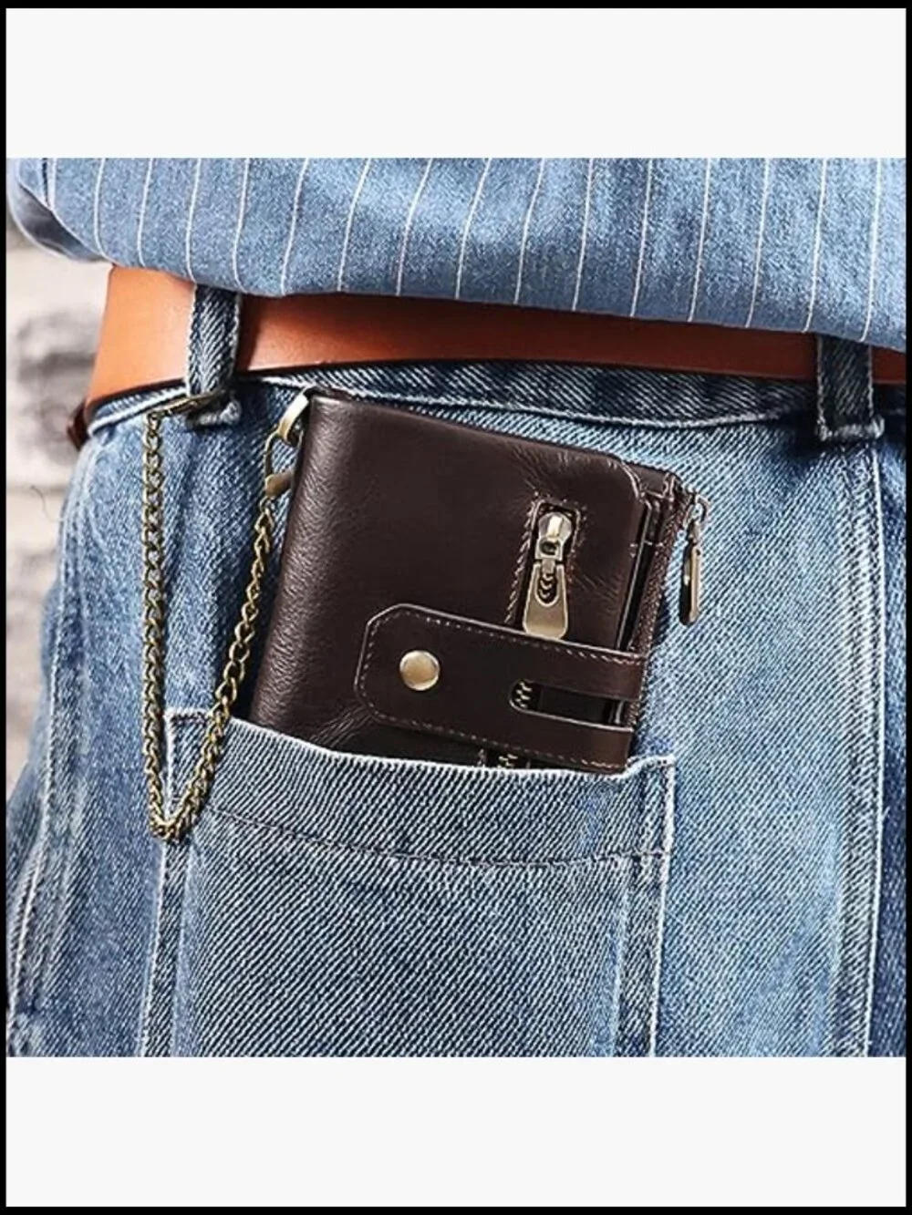 Bi-Fold Wallet with Chain RFID Blocking Faux Leather Men's Zipper Coin Purse